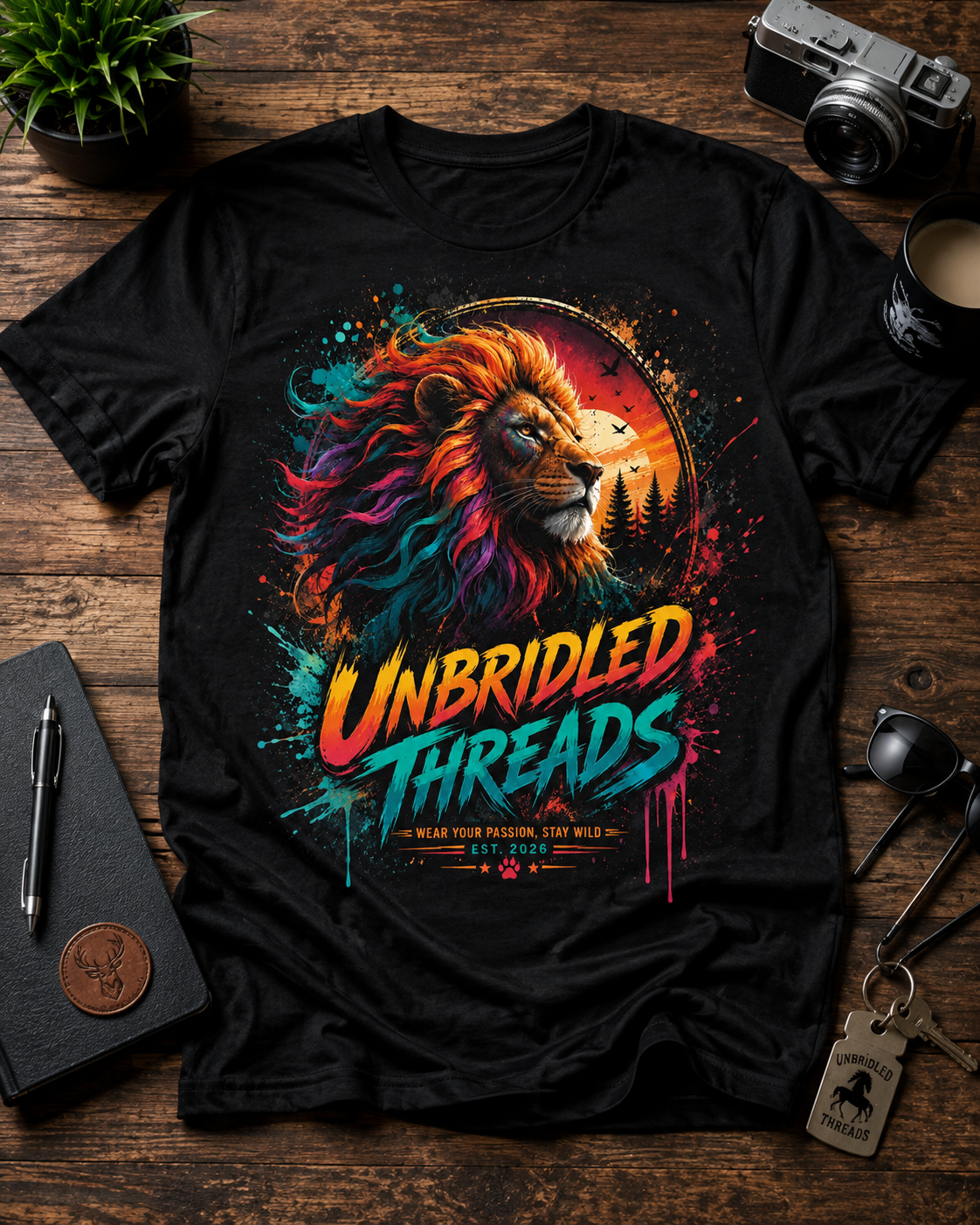 Lion Sunset Vibrant Rainbow Mane "Unbridled Threads" Graphic Tee