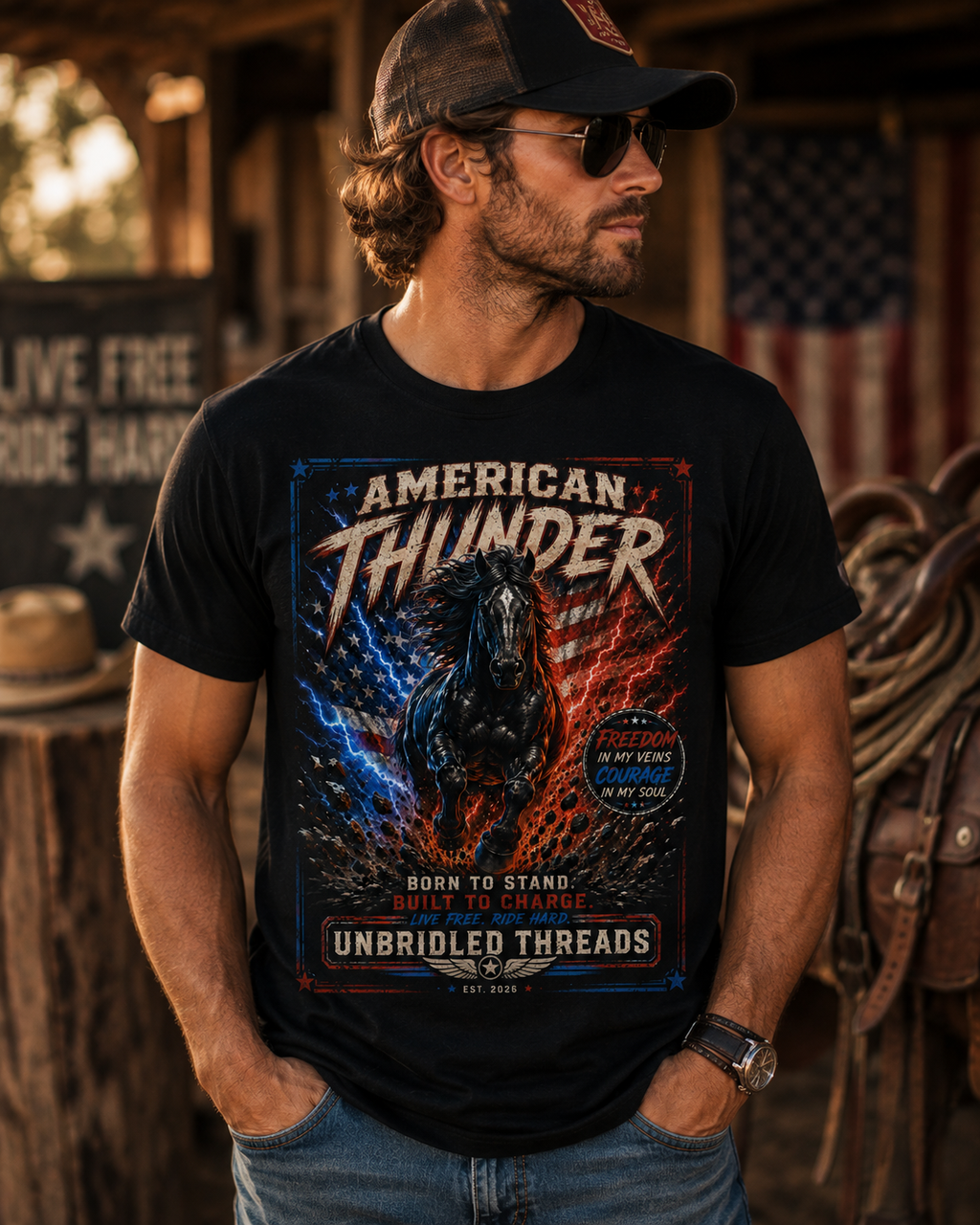 American Thunder & LIghting  Patriotic Black T-Shirt