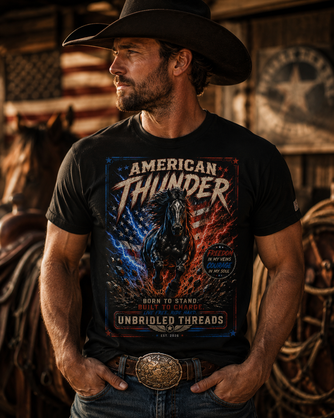 American Thunder & LIghting  Patriotic Black T-Shirt