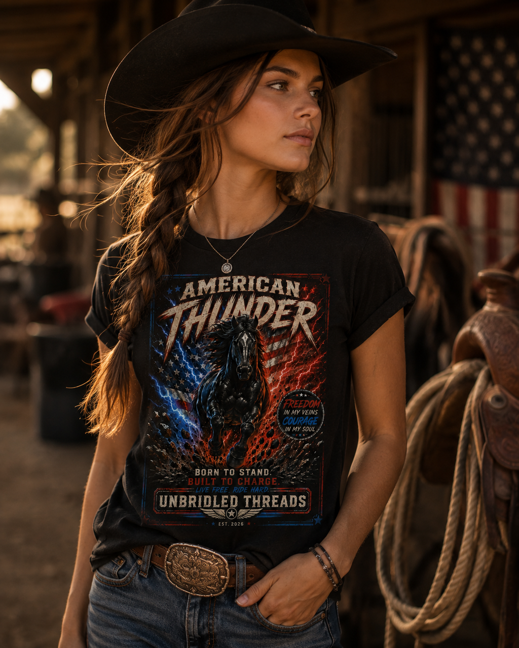 American Thunder & LIghting  Patriotic Black T-Shirt