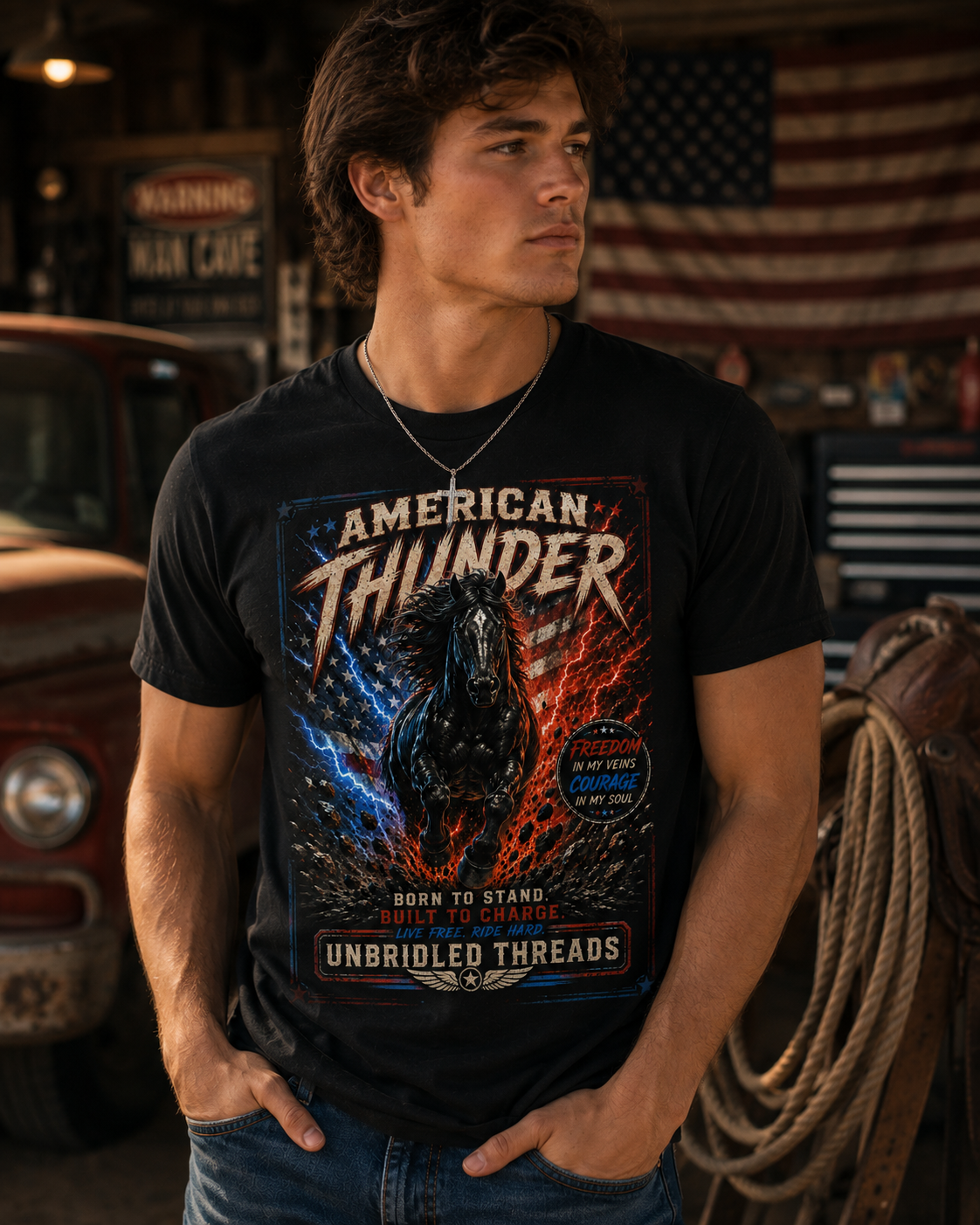 American Thunder & LIghting  Patriotic Black T-Shirt