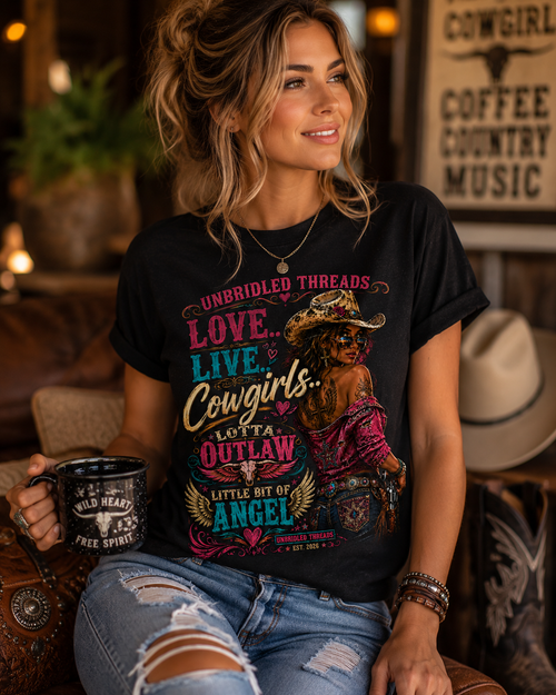 "Love, Live, Cowgirls Outlaw" Western  Unbridled Threads  Black T-Shirt