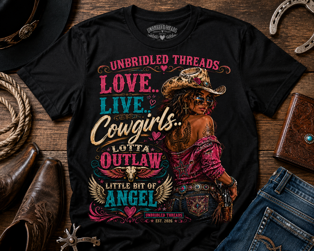 "Love, Live, Cowgirls Outlaw" Western  Unbridled Threads  Black T-Shirt