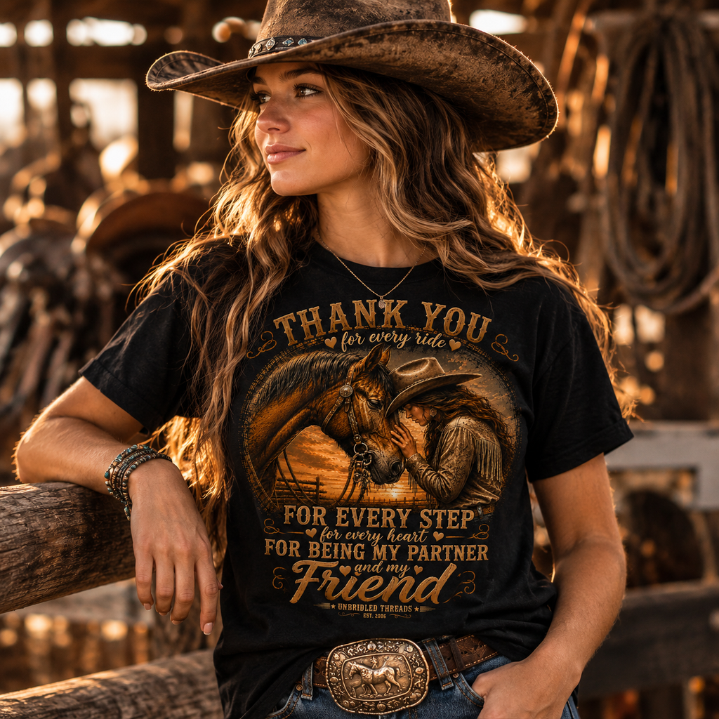 "Thank You for Every Ride, For Being My Partner and Friend" Cowgirl Horse Black T-shirt