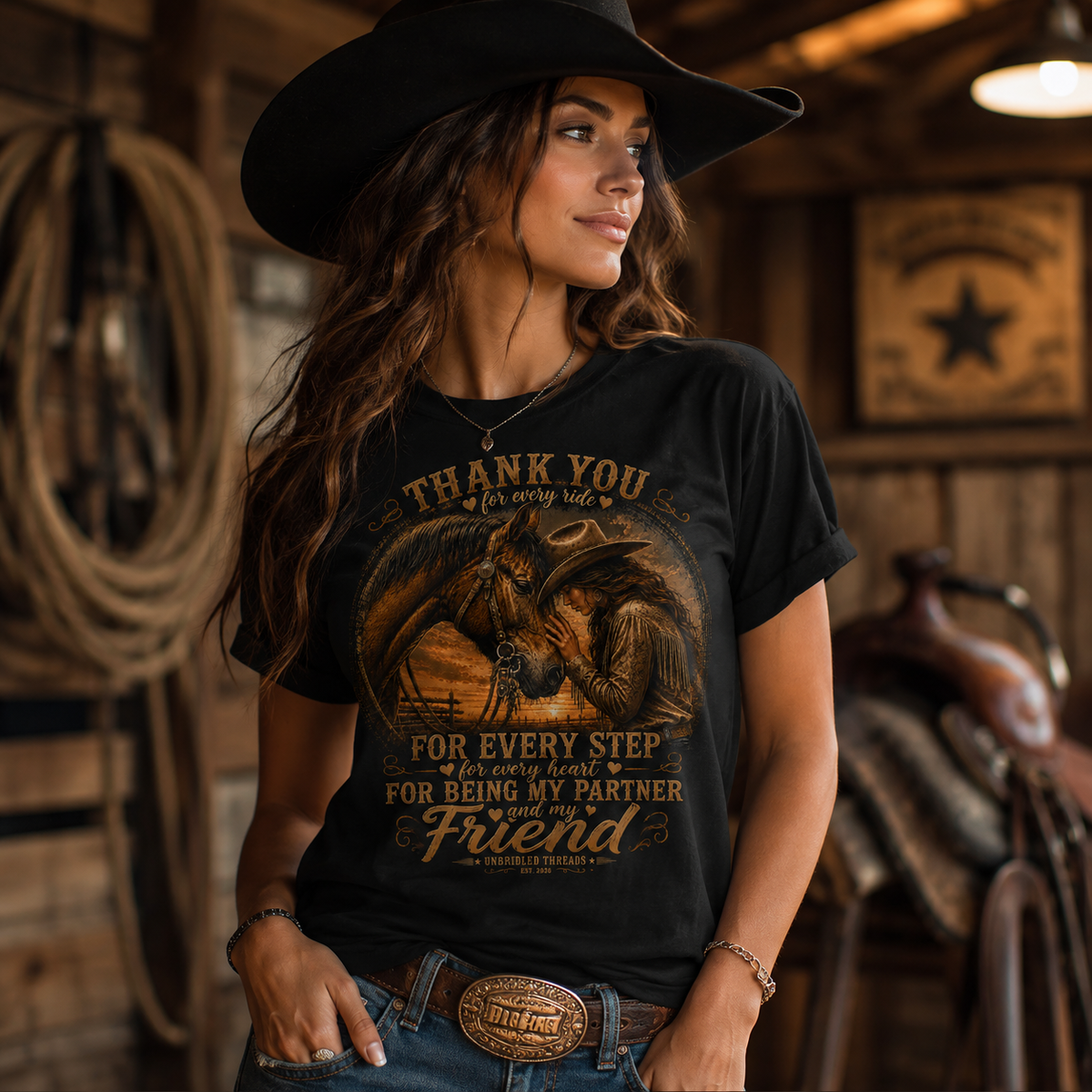 "Thank You for Every Ride, For Being My Partner and Friend" Cowgirl Horse Black T-shirt
