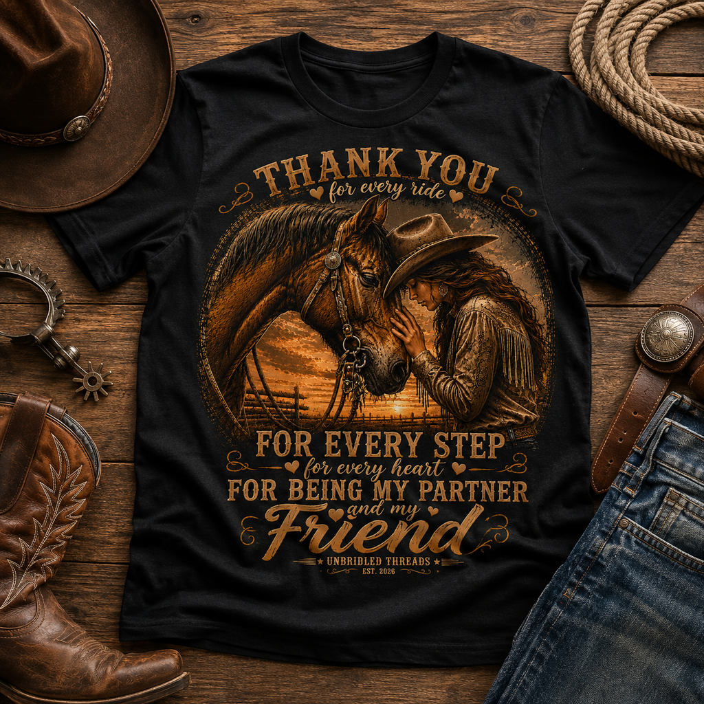 "Thank You for Every Ride, For Being My Partner and Friend" Cowgirl Horse Black T-shirt
