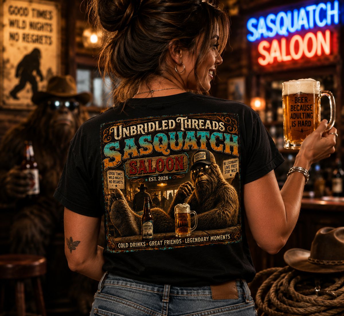 Unbridled Threads Sasquatch Saloon — Cold Drinks, Great Friends, Legendary Moments On Front And Back Black Shirt