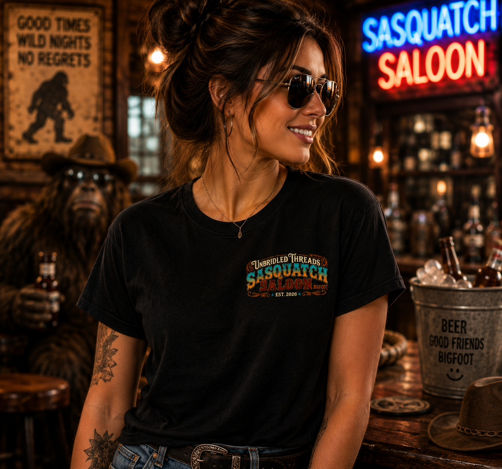 Unbridled Threads Sasquatch Saloon — Cold Drinks, Great Friends, Legendary Moments On Front And Back Black Shirt