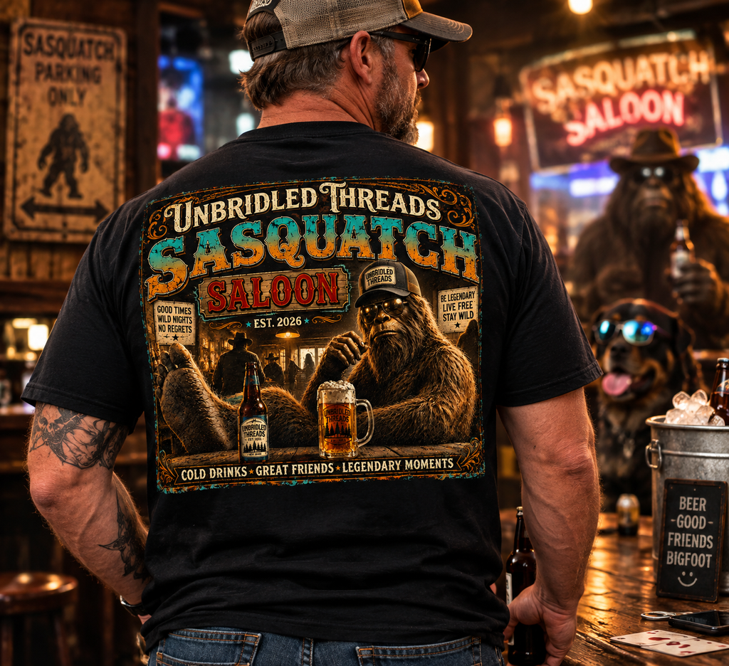Unbridled Threads Sasquatch Saloon — Cold Drinks, Great Friends, Legendary Moments On Front And Back Black Shirt