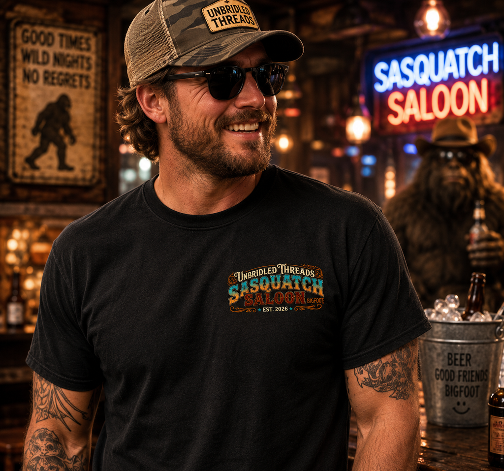 Unbridled Threads Sasquatch Saloon — Cold Drinks, Great Friends, Legendary Moments On Front And Back Black Shirt