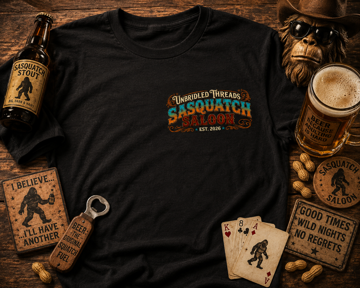 Unbridled Threads Sasquatch Saloon — Cold Drinks, Great Friends, Legendary Moments On Front And Back Black Shirt