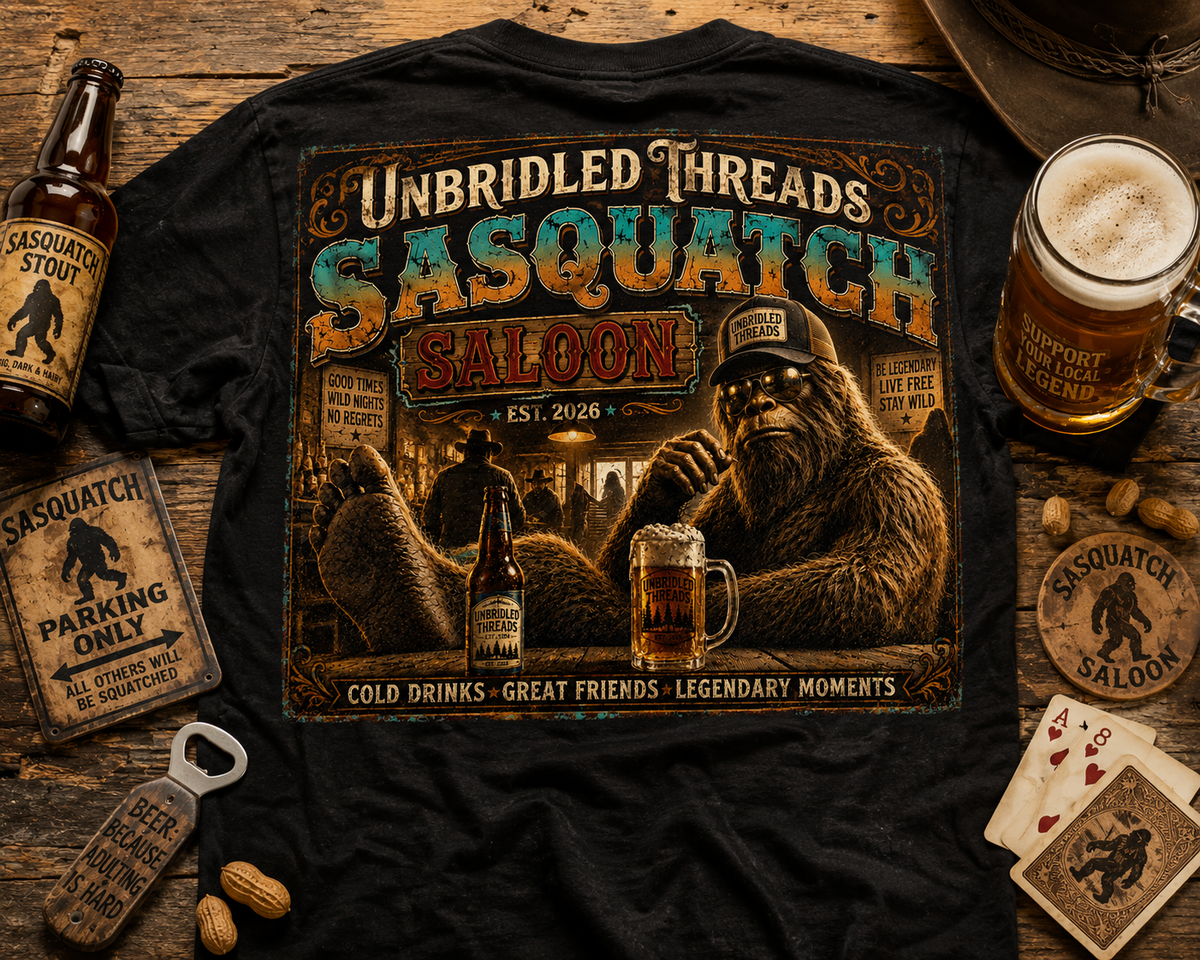 Unbridled Threads Sasquatch Saloon — Cold Drinks, Great Friends, Legendary Moments On Front And Back Black Shirt