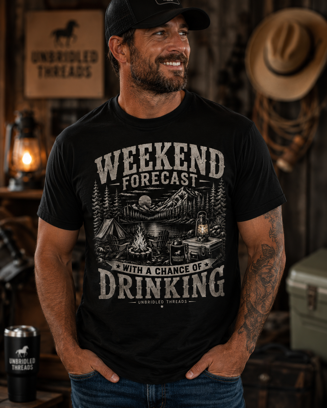 'Weekend Forecast: Chance of Drinking' Camping Graphic T-Shirt / Black, Red, Sport Gray and Natrual Colors