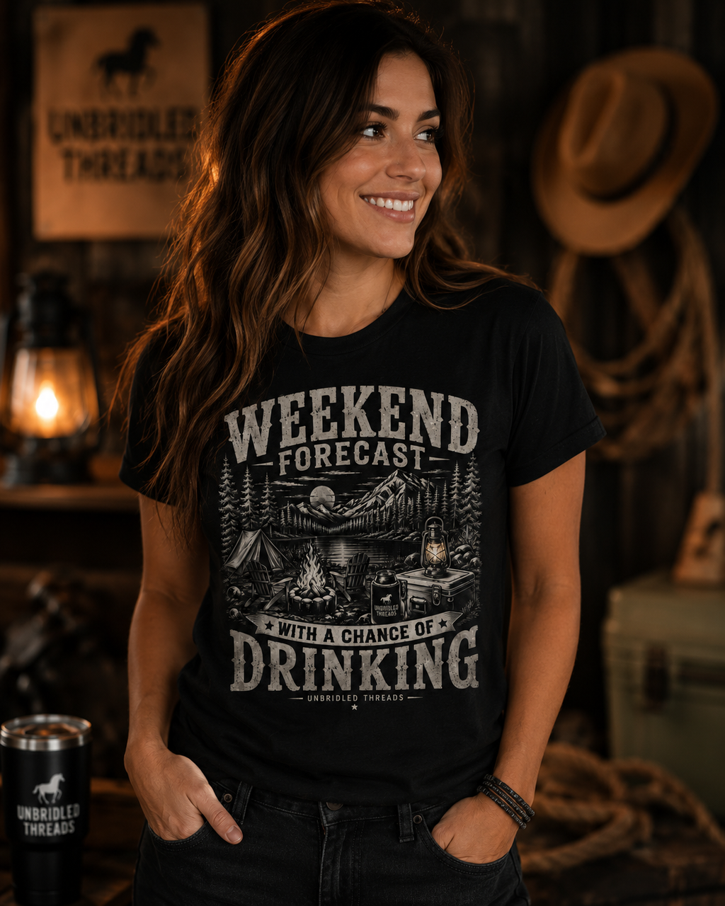 'Weekend Forecast: Chance of Drinking' Camping Graphic T-Shirt / Black, Red, Sport Gray and Natrual Colors