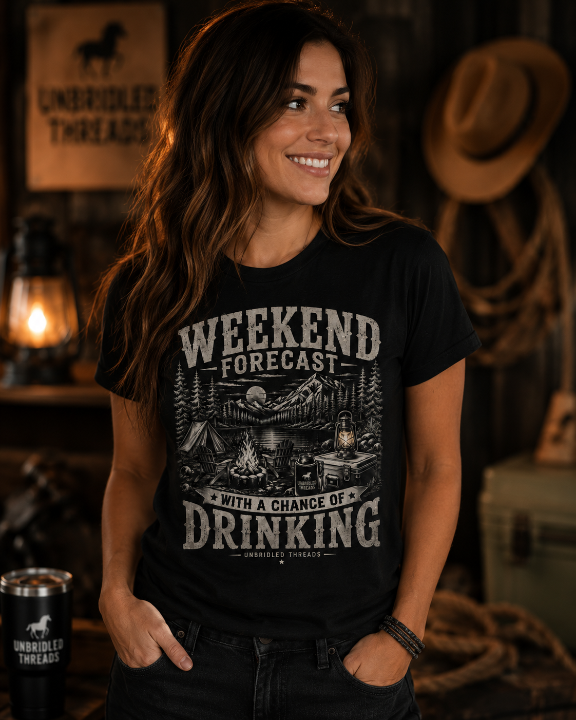 'Weekend Forecast: Chance of Drinking' Camping Graphic T-Shirt / Black, Red, Sport Gray and Natrual Colors