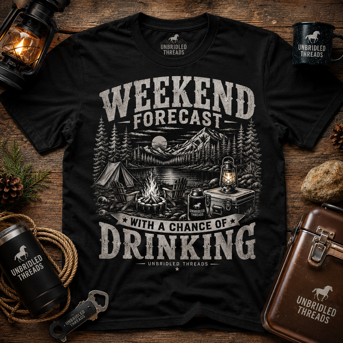 'Weekend Forecast: Chance of Drinking' Camping Graphic T-Shirt / Black, Red, Sport Gray and Natrual Colors