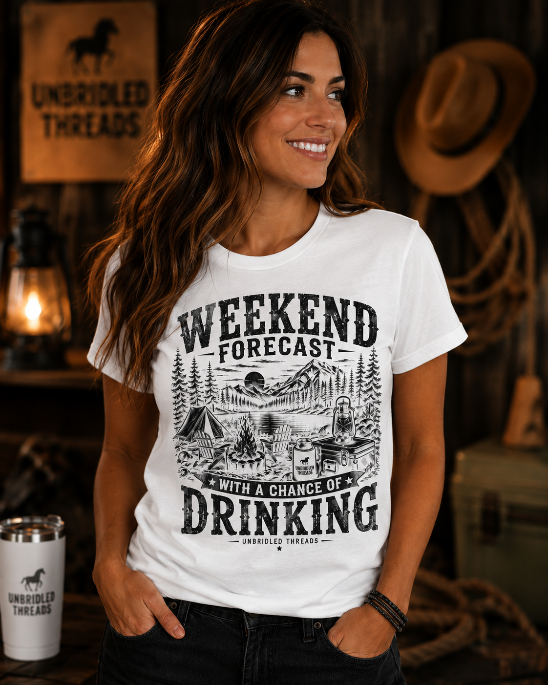 'Weekend Forecast: Chance of Drinking' Camping Graphic T-Shirt / Black, Red, Sport Gray and Natrual Colors