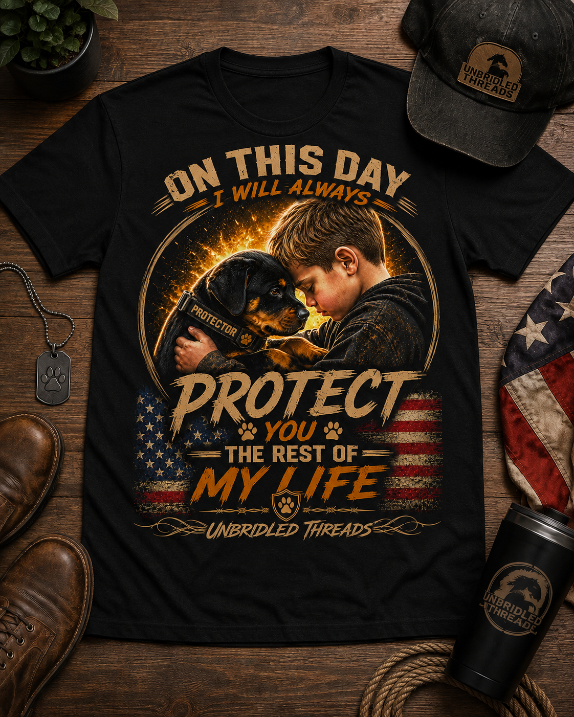 "On This Day I Will Always Protect You with My Life" Rottweiler Pup And Child Grphic On Black T-shirt