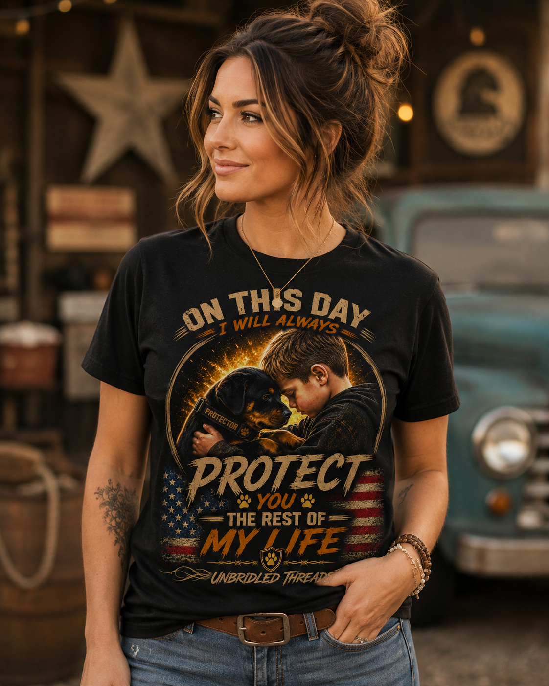 "On This Day I Will Always Protect You with My Life" Rottweiler Pup And Child Grphic On Black T-shirt