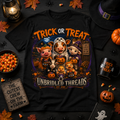 Halloween 'Trick or Treat'  Cute Pig, Cow & Cat Costumes Graphic On Black T-Shirt
