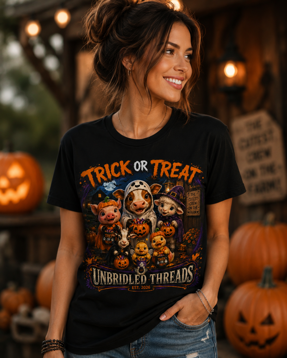 Halloween 'Trick or Treat'  Cute Pig, Cow & Cat Costumes Graphic On Black T-Shirt