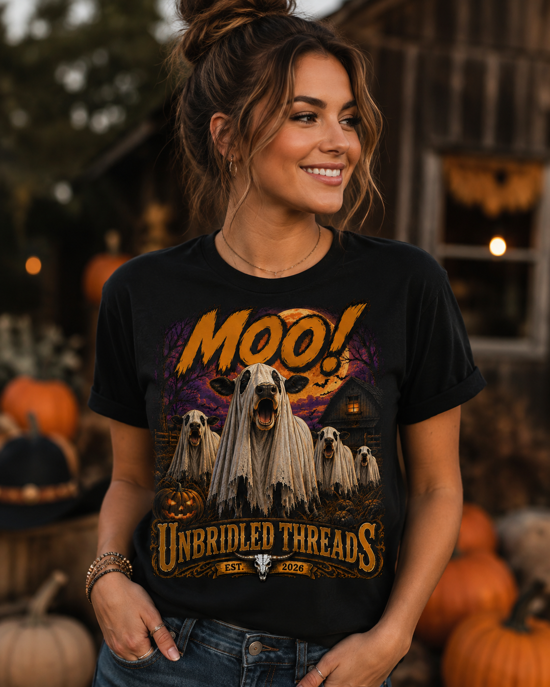 Halloween Ghost Cow T-Shirt — "MOO!" Spooky Farm Graphic Black Tee