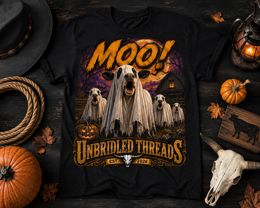 Halloween Ghost Cow T-Shirt — "MOO!" Spooky Farm Graphic Black Tee