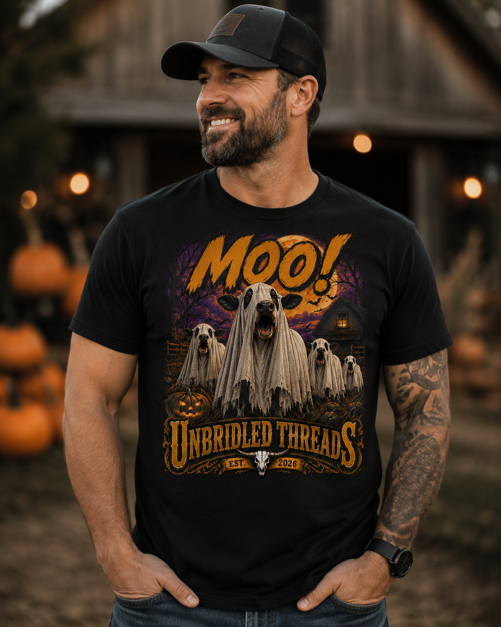 Halloween Ghost Cow T-Shirt — "MOO!" Spooky Farm Graphic Black Tee