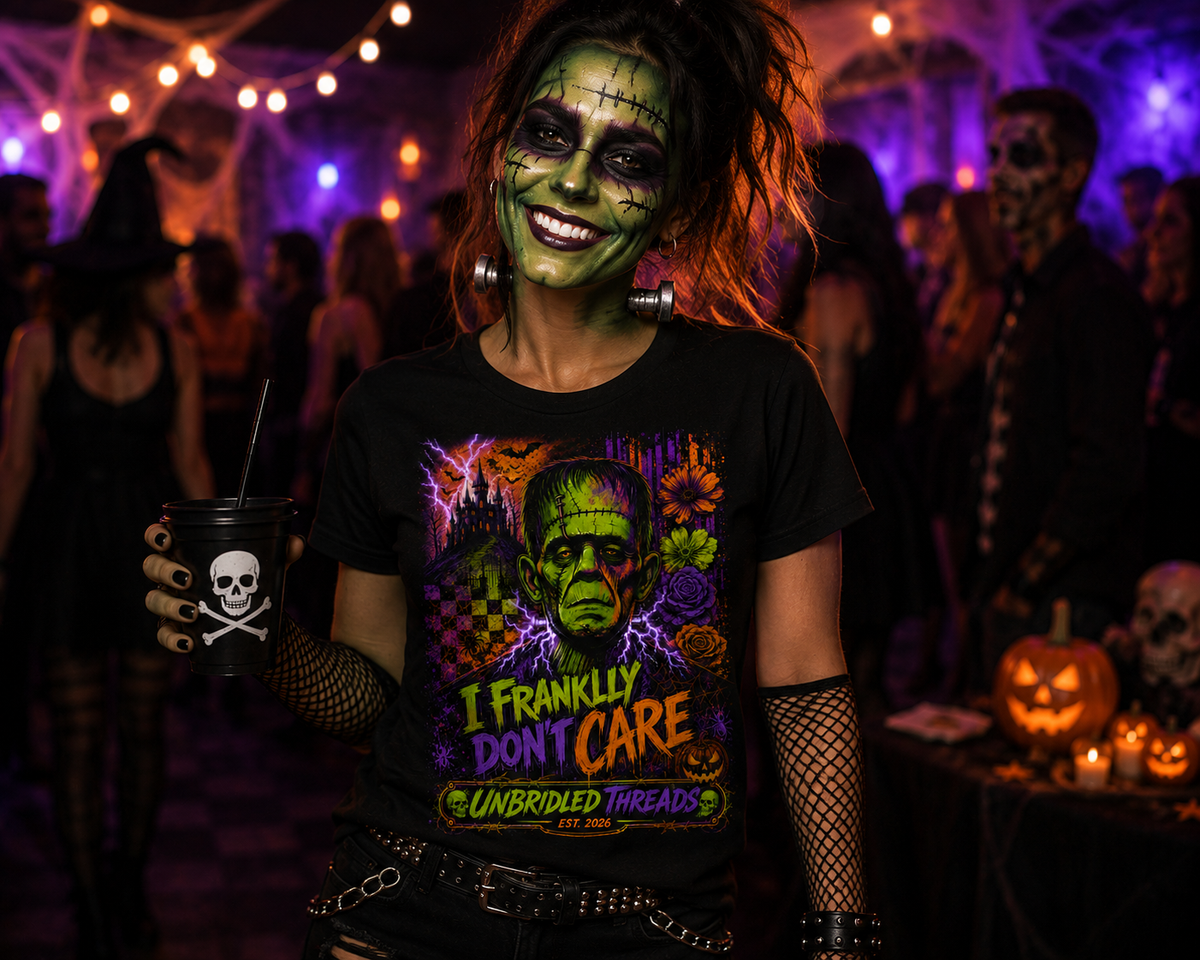 Frankly I Don't Care Frankenstein On Black T-Shirt —Vibrant Color Tee