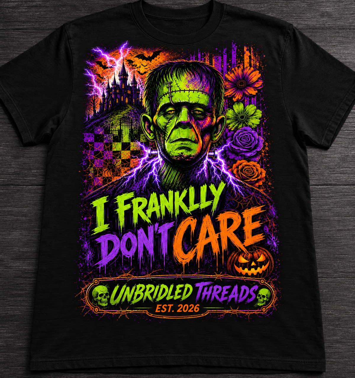 Frankly I Don't Care Frankenstein On Black T-Shirt —Vibrant Color Tee