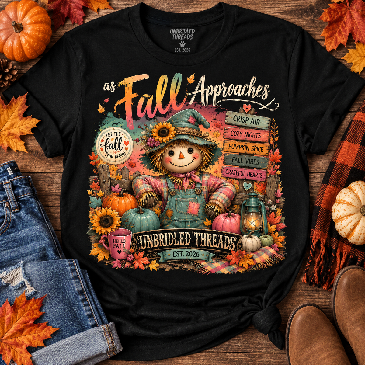 Fall Approaches Cute Scarecrow T-Shirt — Cozy Pumpkin Harvest Tee