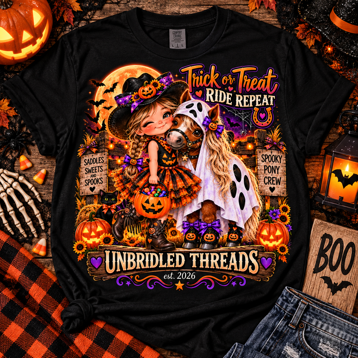 Halloween 'Trick or Treat Ride Repeat' T-Shirt — Cute Witch & Horse Pumpkin Design