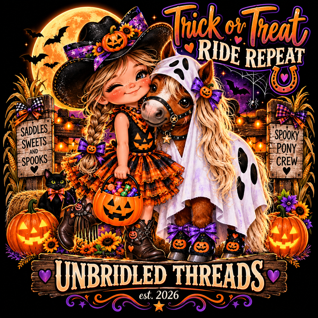 Halloween 'Trick or Treat Ride Repeat' T-Shirt — Cute Witch & Horse Pumpkin Design