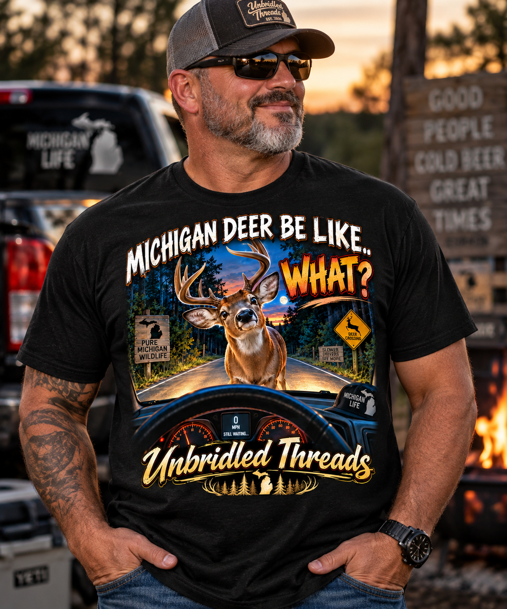 Michigan Deer Be Like... What? Graphic Black T-Shirt Funny Humor