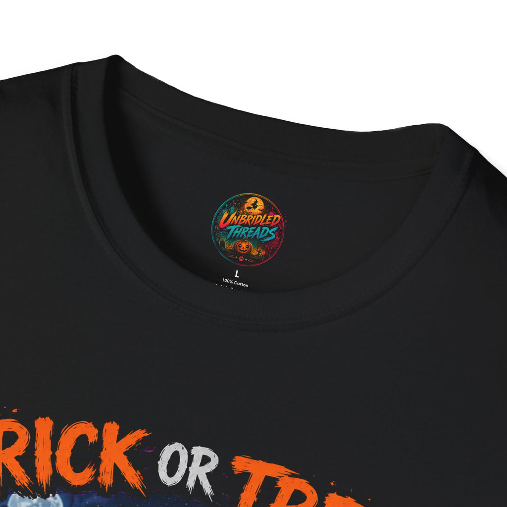 Halloween 'Trick or Treat'  Cute Pig, Cow & Cat Costumes Graphic On Black T-Shirt