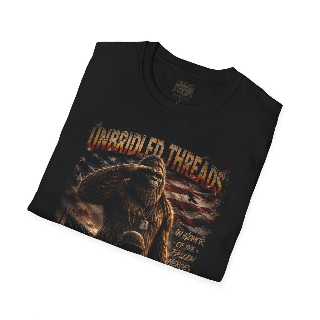 Unbridled Threads Honor Fallen Heros  American Bigfoot Graphic Black T-Shirt