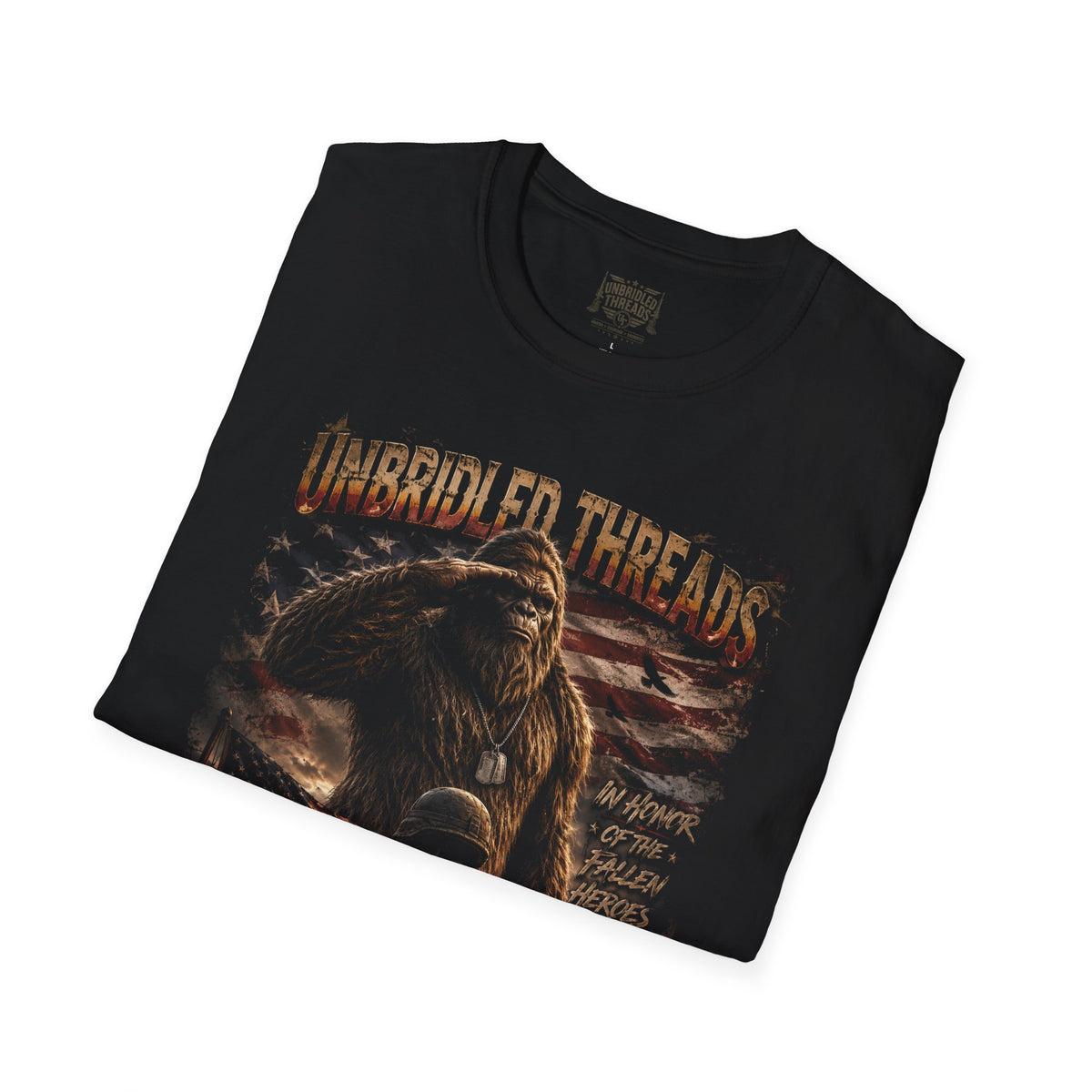 Unbridled Threads Honor Fallen Heros  American Bigfoot Graphic Black T-Shirt