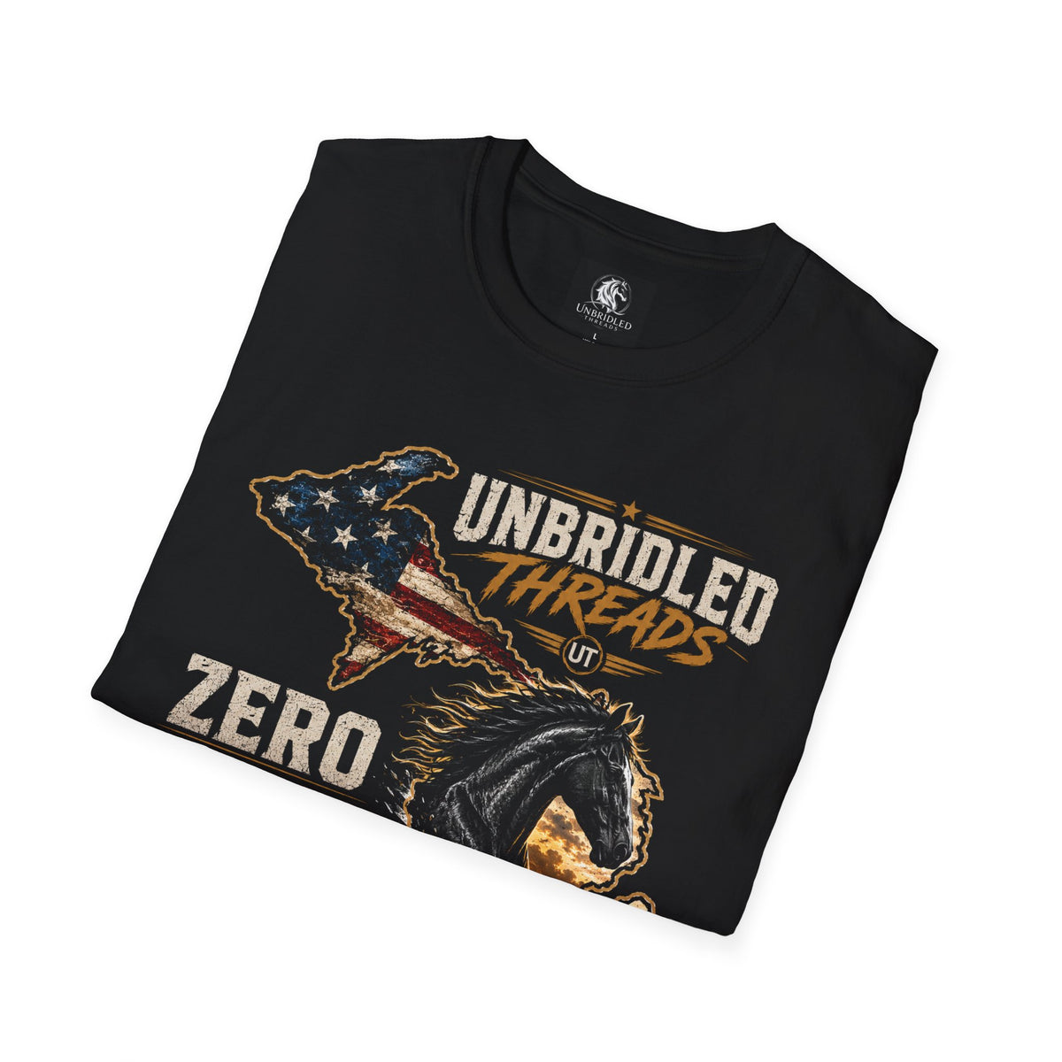 Unbridled Threads Freedom T-Shirt — "Zero Apologies Total Freedom"  Michigan Patriotic Horse Tee