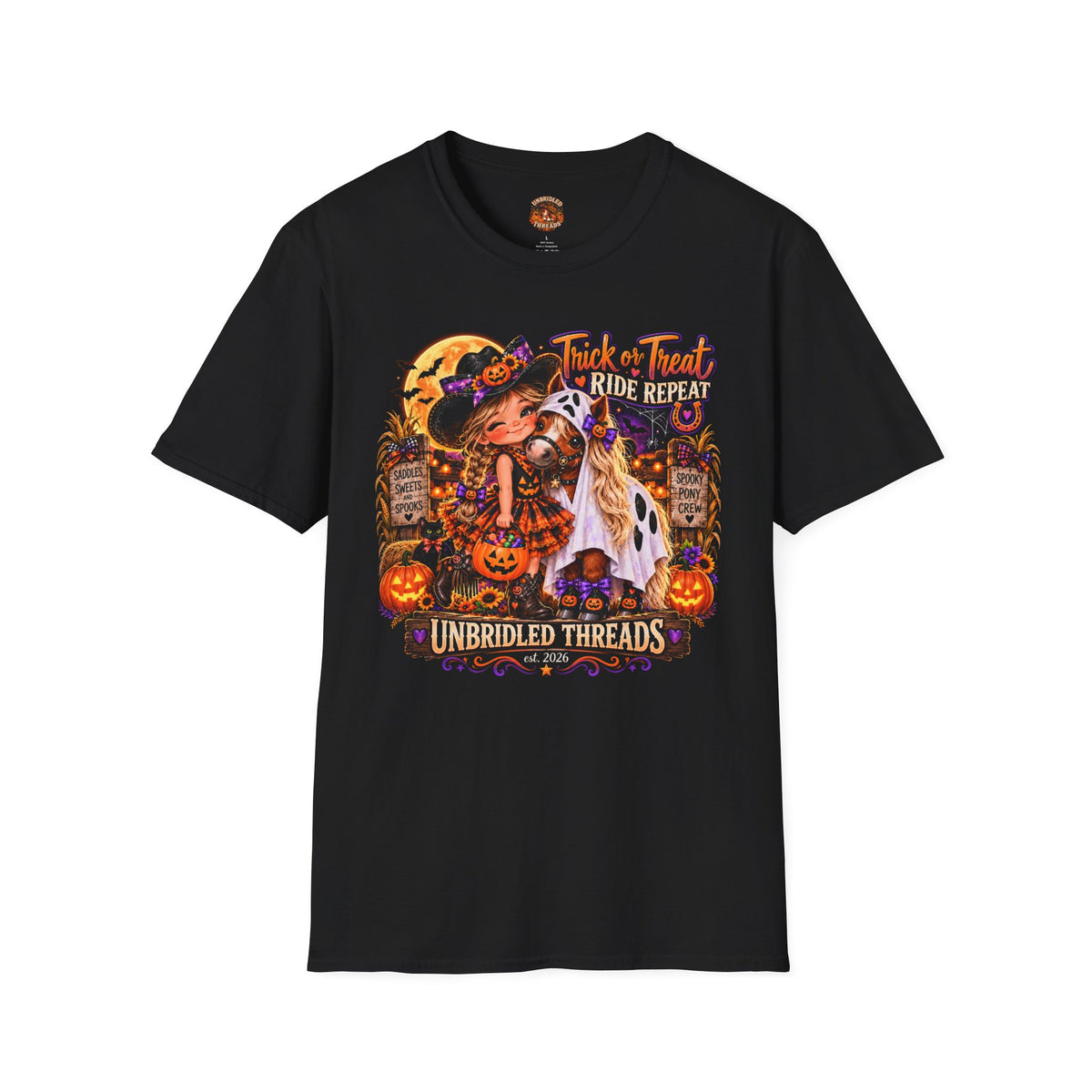 Halloween 'Trick or Treat Ride Repeat' T-Shirt — Cute Witch & Horse Pumpkin Design