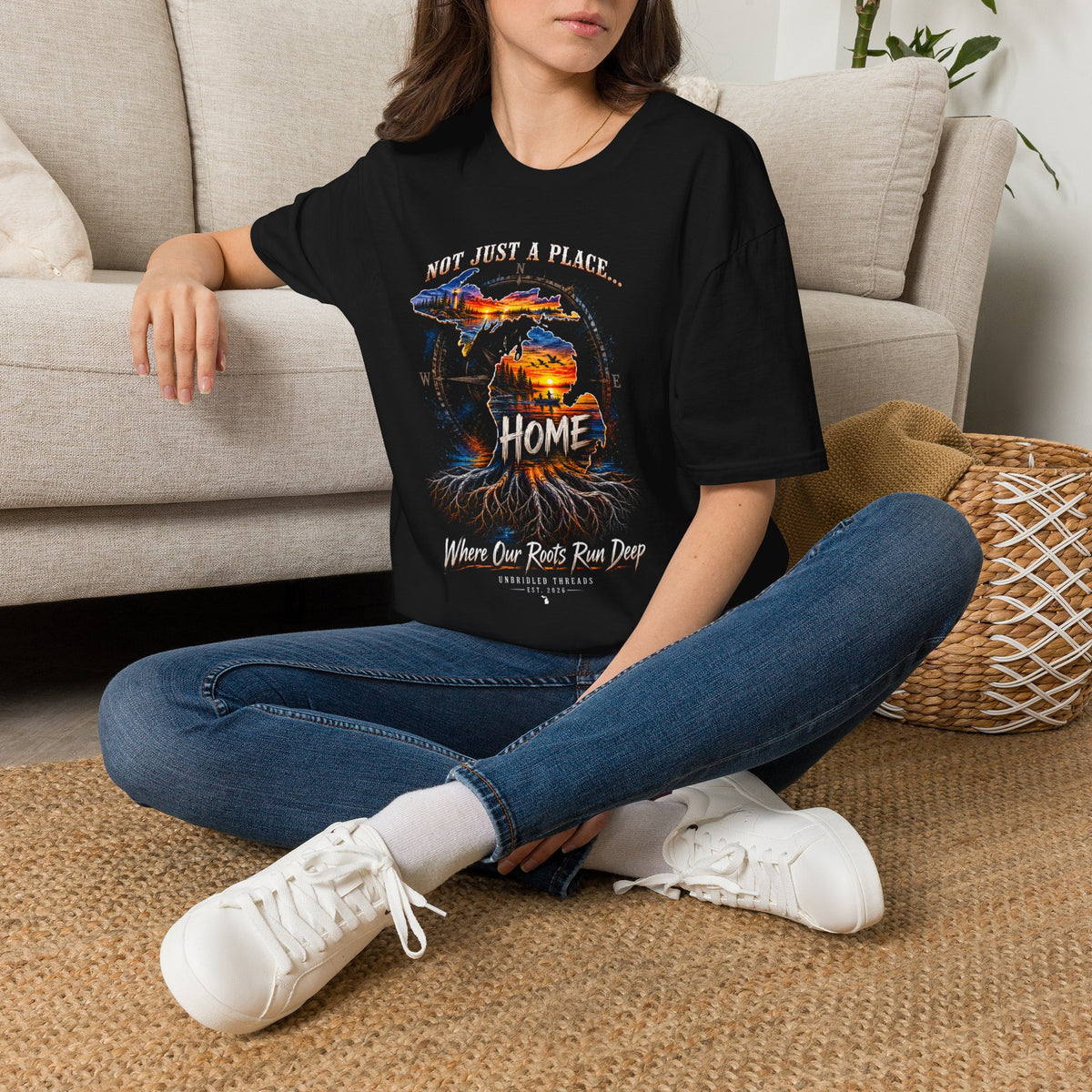 Michigan Sunset Landscape black Graphic T-Shirt — "Not Just a Place... Home" Unbridled Threads