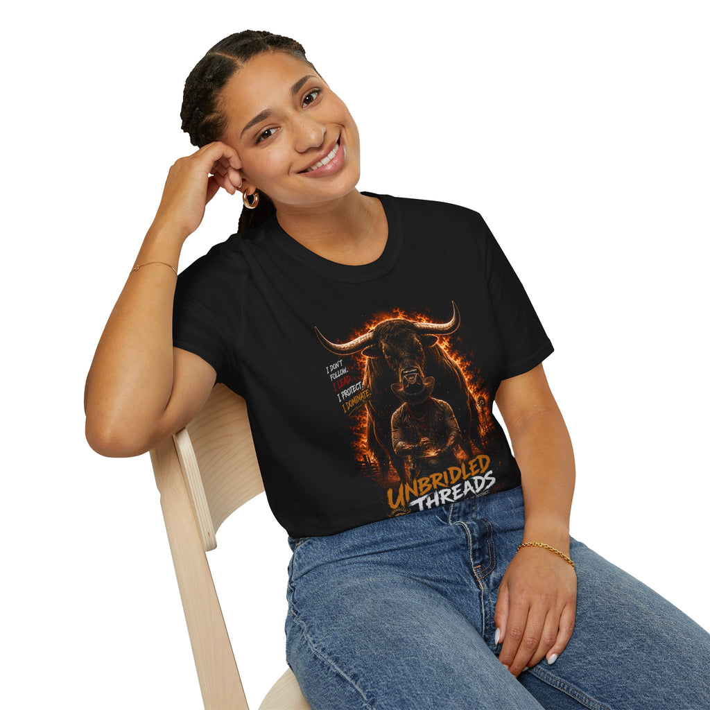 Unbrideld Threads Flaming Longhorn Bull and Cowboy T-Shirt — "I Don't Run, I Protect, I Dominate" Graphic Tee