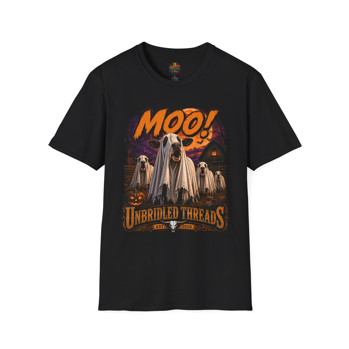 Halloween Ghost Cow T-Shirt — "MOO!" Spooky Farm Graphic Black Tee