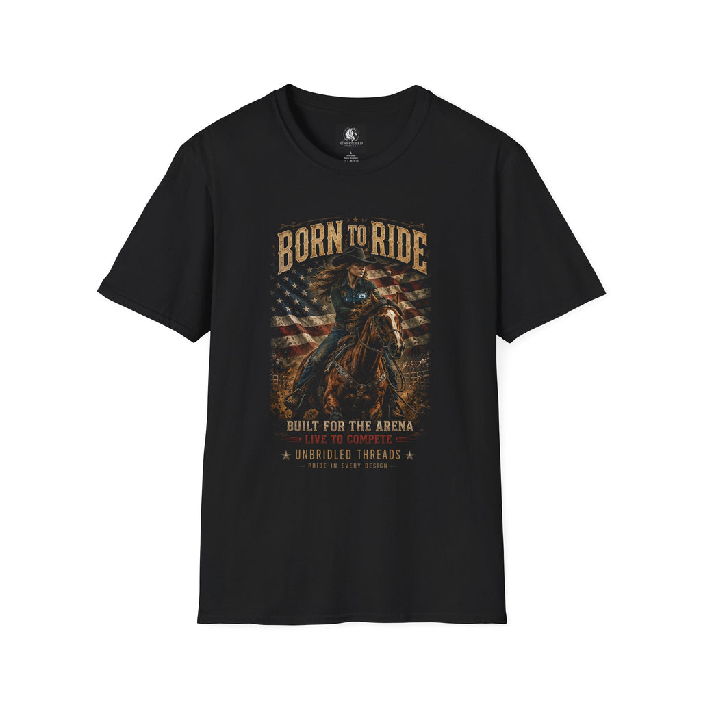 Born to Ride Cowgirl T-Shirt – American Flag Rodeo Arena Western Tee