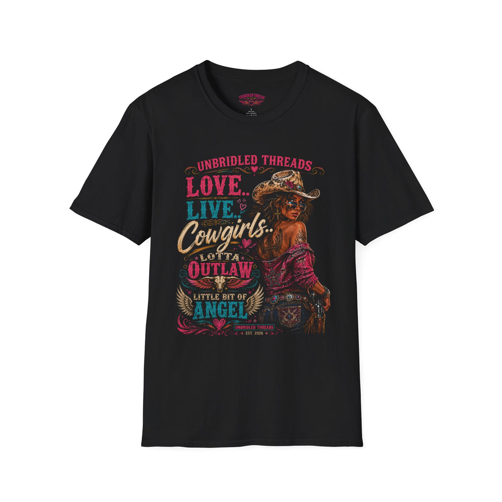 "Love, Live, Cowgirls Outlaw" Western  Unbridled Threads  Black T-Shirt