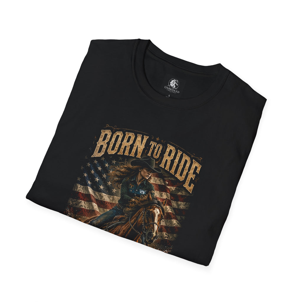 Born to Ride Cowgirl T-Shirt – American Flag Rodeo Arena Western Tee