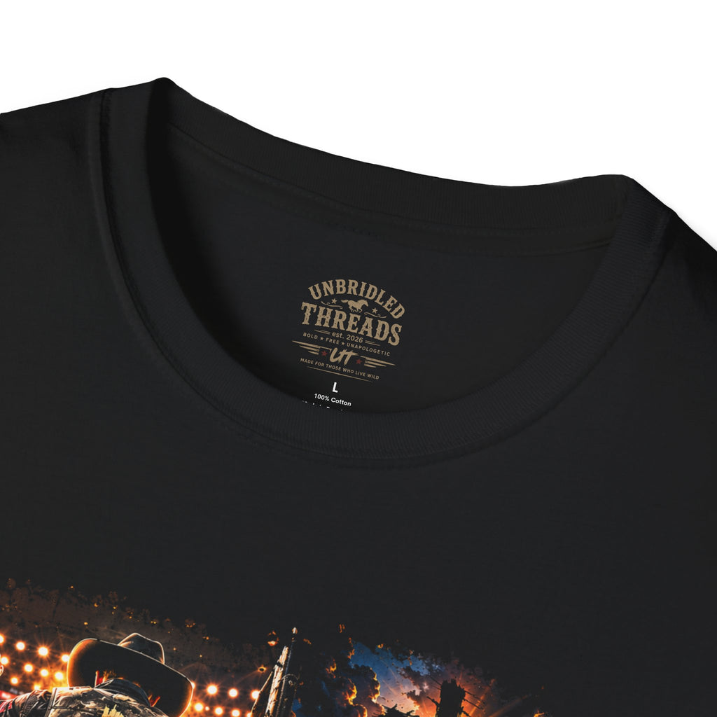 Cowboy Entering Arena — "Even Though I Walk Through the Darkest Valley"  Unbridled Threads Faith Graphic Tee