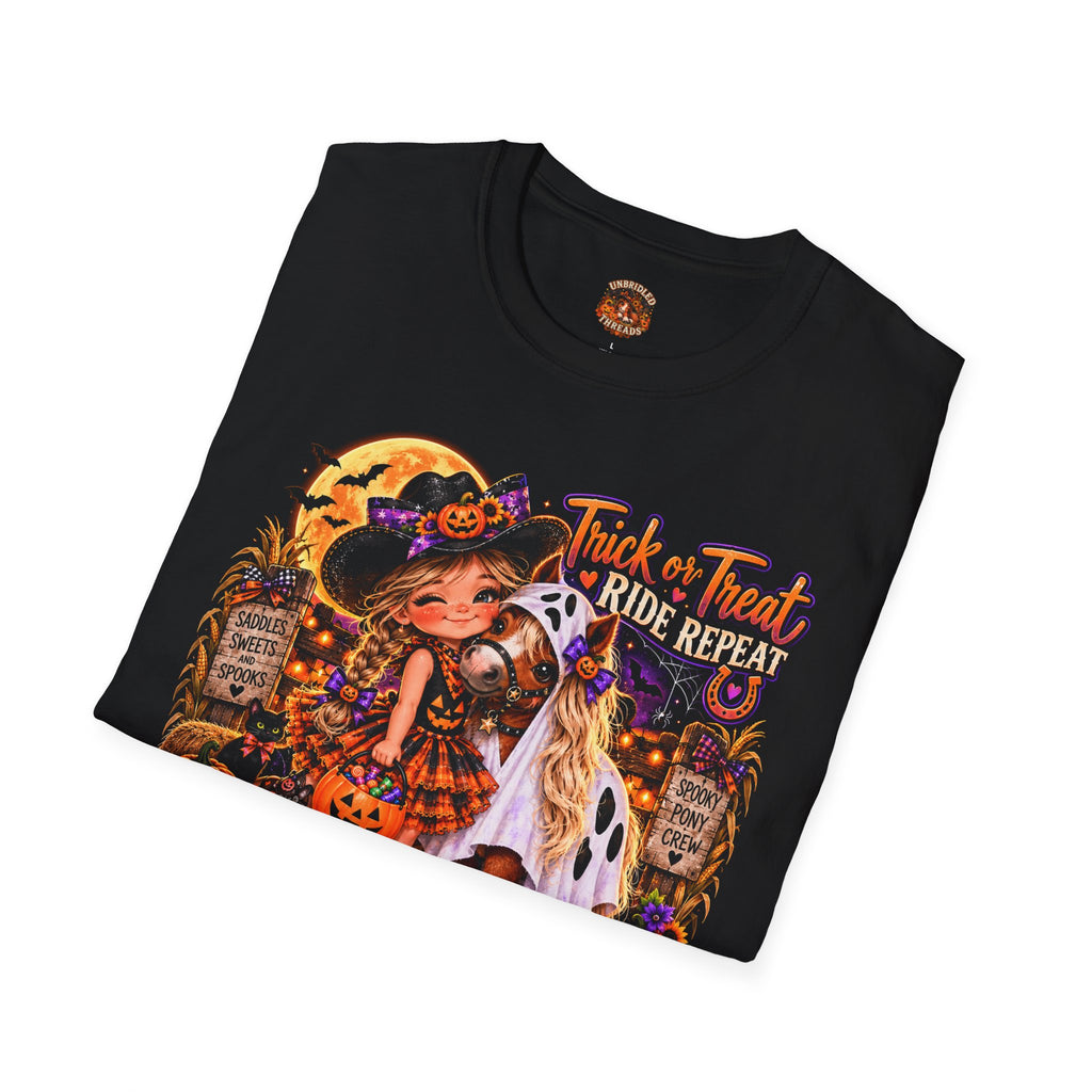 Halloween 'Trick or Treat Ride Repeat' T-Shirt — Cute Witch & Horse Pumpkin Design