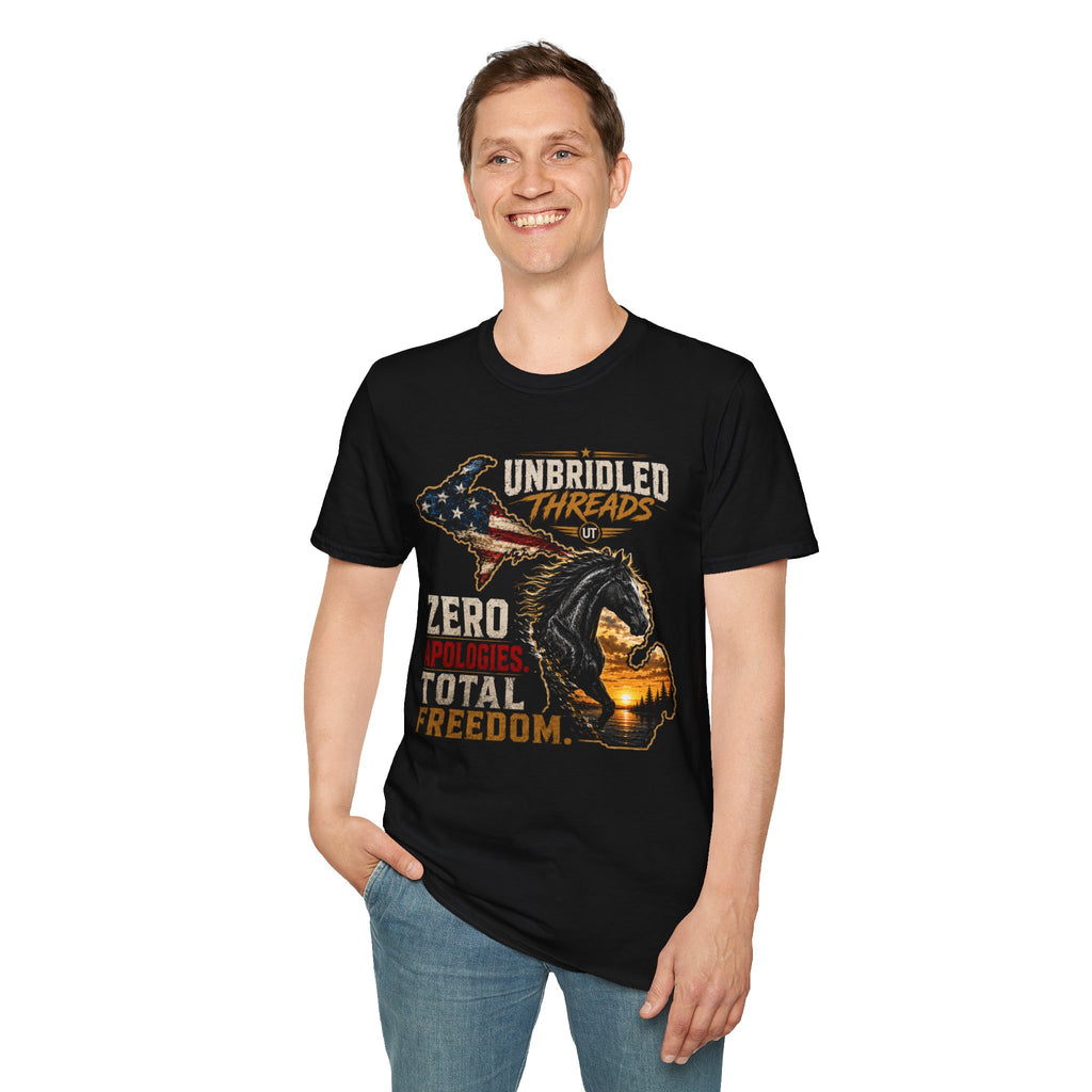 Unbridled Threads Freedom T-Shirt — "Zero Apologies Total Freedom"  Michigan Patriotic Horse Tee
