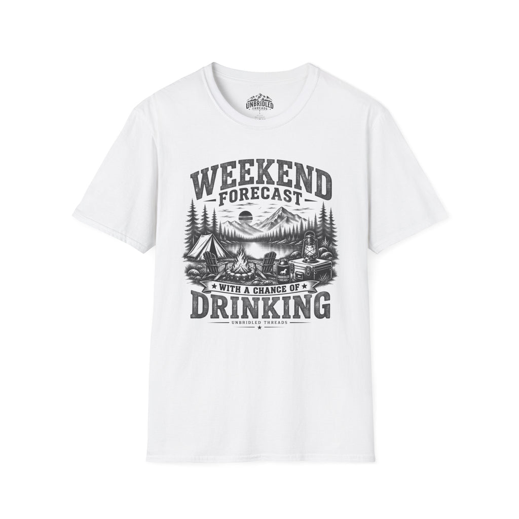 'Weekend Forecast: Chance of Drinking' Camping Graphic T-Shirt / Black, Red, Sport Gray and Natrual Colors