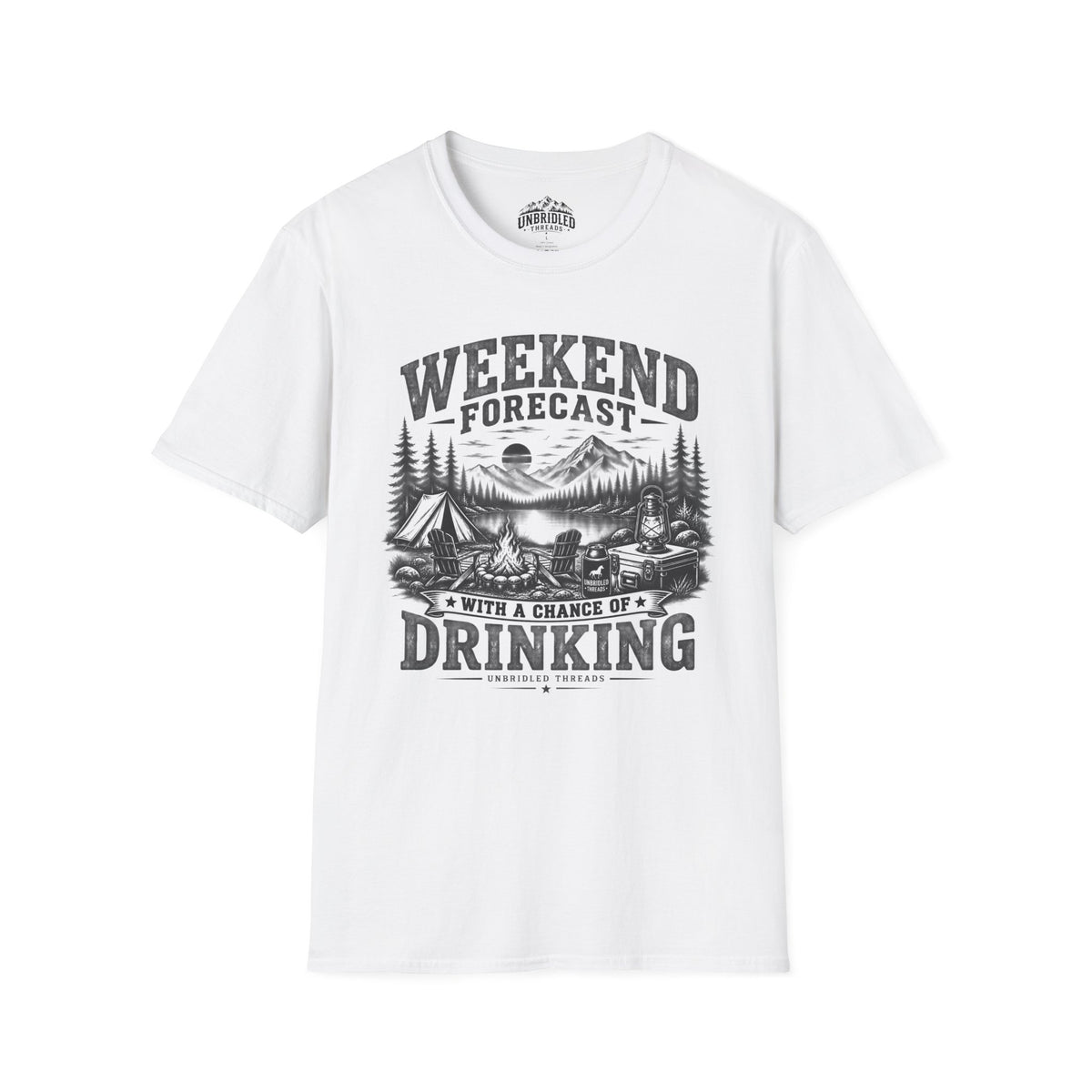 'Weekend Forecast: Chance of Drinking' Camping Graphic T-Shirt / Black, Red, Sport Gray and Natrual Colors